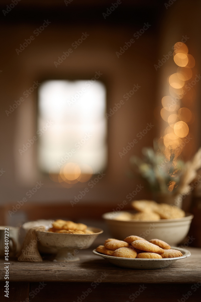 Obraz premium cozy kitchen filled with warm scent of freshly baked christmas treats soft lights twinkling in background blurred