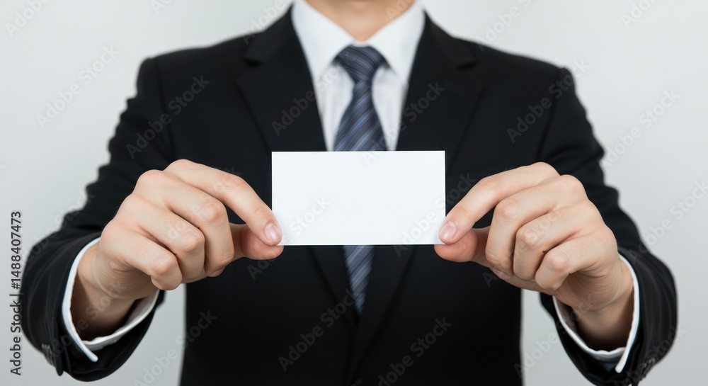 Man in suit holds blank white card in front of light background. Man in suit holds blank white card in front of light background.