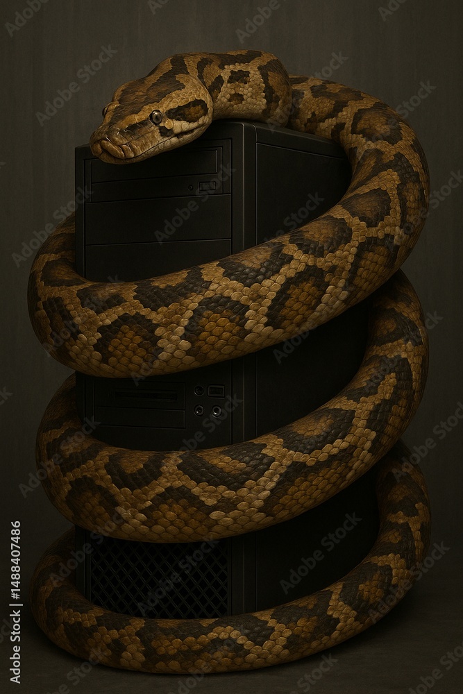 Obraz premium Python wrapped around black desktop CPU unit