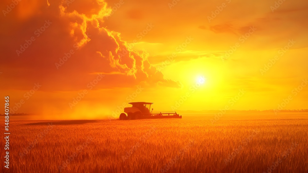 Fototapeta premium Golden wheat fields being harvested by a combine under a setting sun
