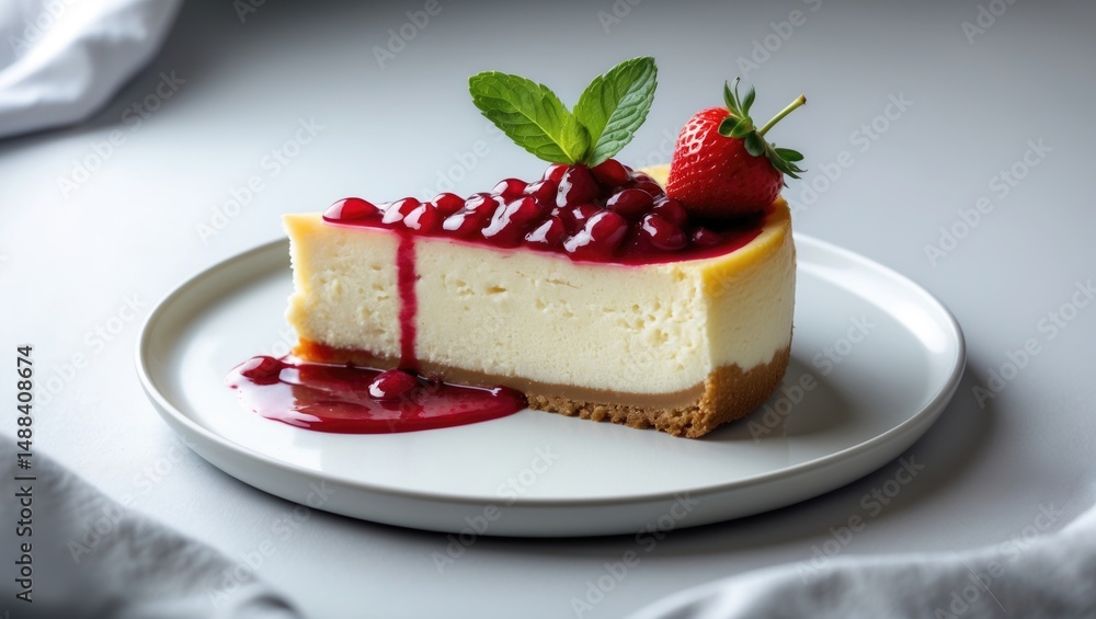 Creamy cheesecake slice with berry topping and fresh mint on a plate, top view with colorful background Creamy cheesecake slice with berry topping and fresh mint on a plate, top view with colorful background