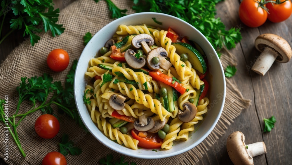 White Bowl on Table with Vegetarian Fusilli Pasta, Zucchini, Mushrooms, and Capers White Bowl on Table with Vegetarian Fusilli Pasta, Zucchini, Mushrooms, and Capers