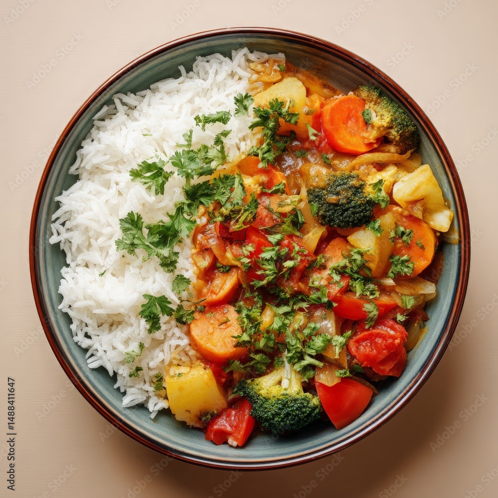 Colorful Vegetable Curry with Basmati Rice and Fresh Cilantro Garnish for a Healthy and Flavorful Meal Option in a Stylish Bowl Colorful Vegetable Curry with Basmati Rice and Fresh Cilantro Garnish for a Healthy and Flavorful Meal Option in a Stylish Bowl