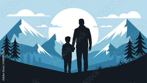 Father and Son Hiking in the Mountains