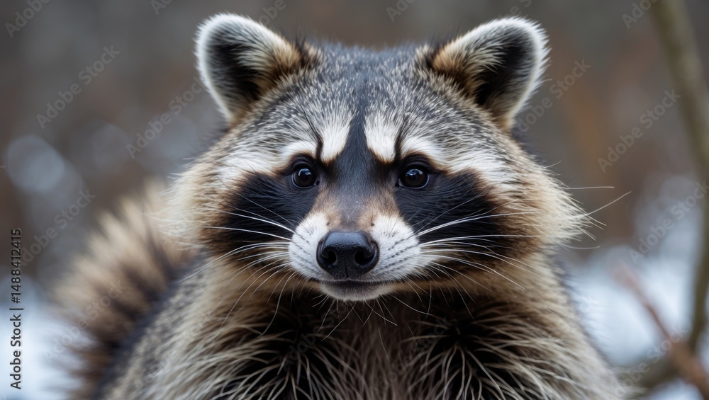 Fluffy Raccoon in Natural Outdoor Habitat: Closeup of a Wild Gray and Black Mammal Fluffy Raccoon in Natural Outdoor Habitat: Closeup of a Wild Gray and Black Mammal