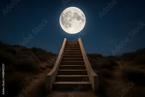 Surreal Realistic Staircase Leading to the Moon