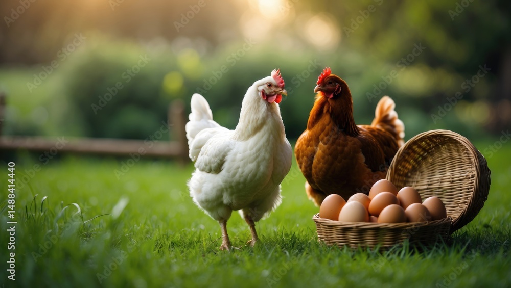 Fototapeta premium Close-up of fragile brown eggs and hen on farm grass for food and agriculture
