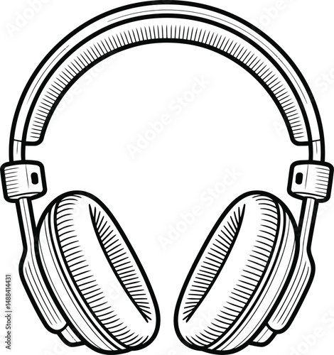 Detailed Over-Ear Headphones Line Art Vector, Transparent Background.