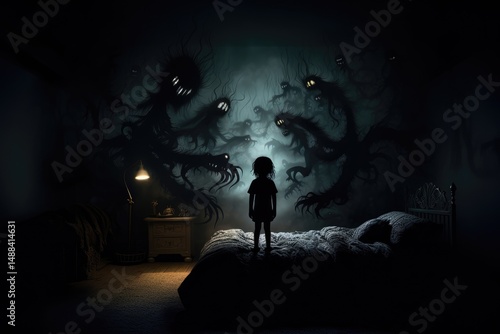 Dream scare view: Young child observes creature outline on wall, evoking nightmare fear, bedtime tension, nighttime vision, shadow fright, eerie thought, sleep unease, quiet panic, fantasy threat