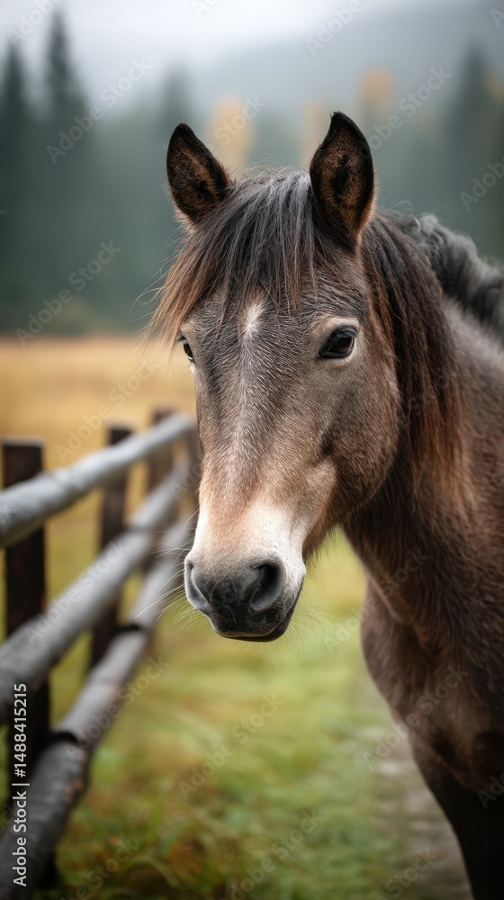 Naklejka premium Close-up of a horse looking towards the camera in a serene countryside setting during a foggy morning