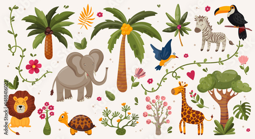 Jungle animals hand drawn set individual elements. Palm tree, baobab, elephant, bird, lion, turtle, giraffe, zebra. Summer time. Colored trendy vector illustration. Tropical floral stickers.
