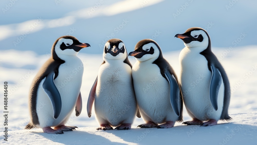Fototapeta premium Five chicks of the Emperor Penguin species, huddled and looking around