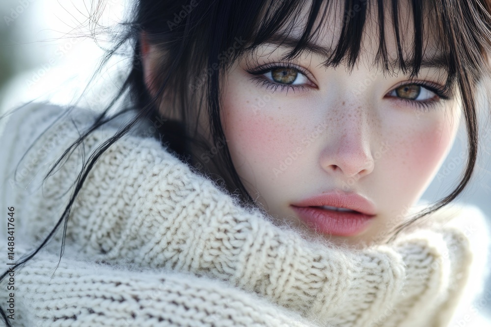 Elegant woman with striking features in warm knit scarf during winter months in Japan Elegant woman with striking features in warm knit scarf during winter months in Japan