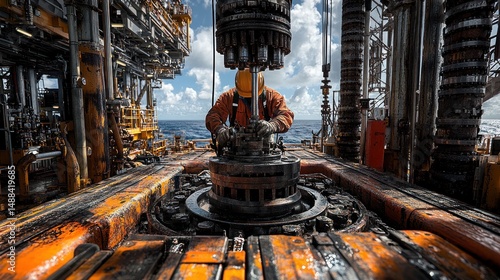 Oil rig worker maintaining machinery