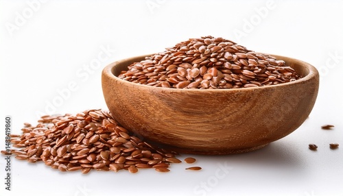 flaxseed in wooden bowl isolated on white background