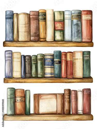 Watercolor Home Library Bookshelf Clipart — Cozy Bookcase Illustration on Transparent Background

