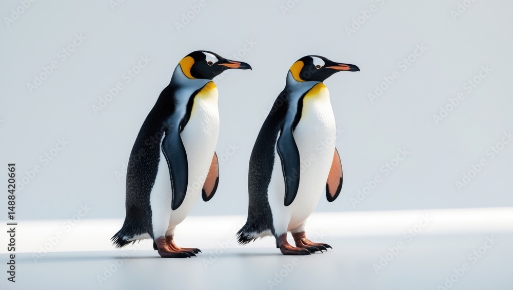 Fototapeta premium Two penguins walking side by side, isolated view