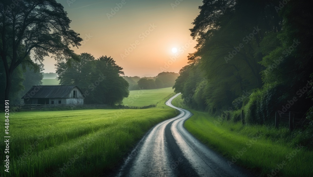 Obraz premium Rising sun bathes rural landscape with farm along country road at dawn in early summer