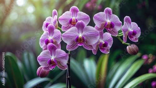 A vibrant cluster of blooming Dendrobium orchids in striking purple, captured from a high angle, showcases its ornamental beauty.