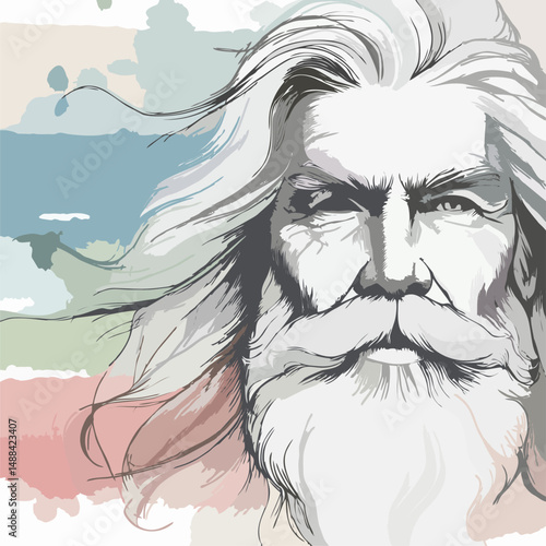 Elderly Man wA detailed hand-drawn illustration of an elderly man with long flowing hair and a full beard, set against a soft watercolor background. The expressive lines and wrinkleith Long Hair an...