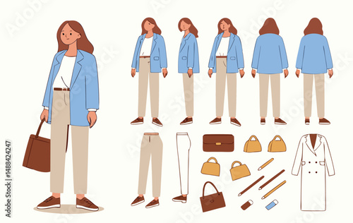 Young casual business woman character constructor for animation. Front, side and back view set. Body parts, postures, poses collection. Vector illustration.
