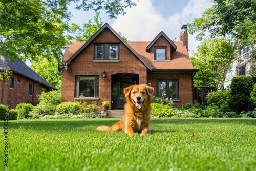 Golden dog lying on the green lawn in front of a brick house on a sunny day