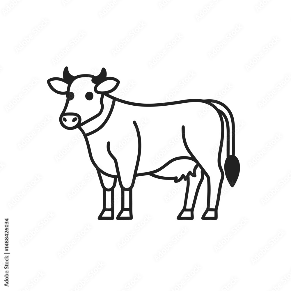 Fototapeta premium cow cartoon line art icon on white background.