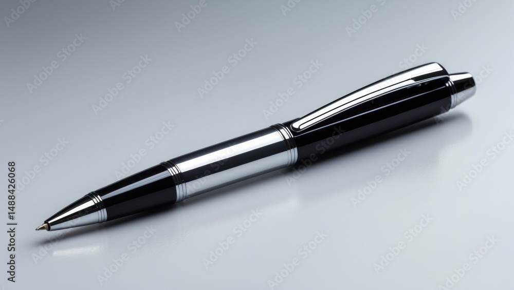 Single black and silver ballpoint pen on a background Single black and silver ballpoint pen on a background