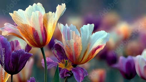 Close-up of multicolored tulip blossoms with soft petals and fresh morning dew, set against a blurred floral background