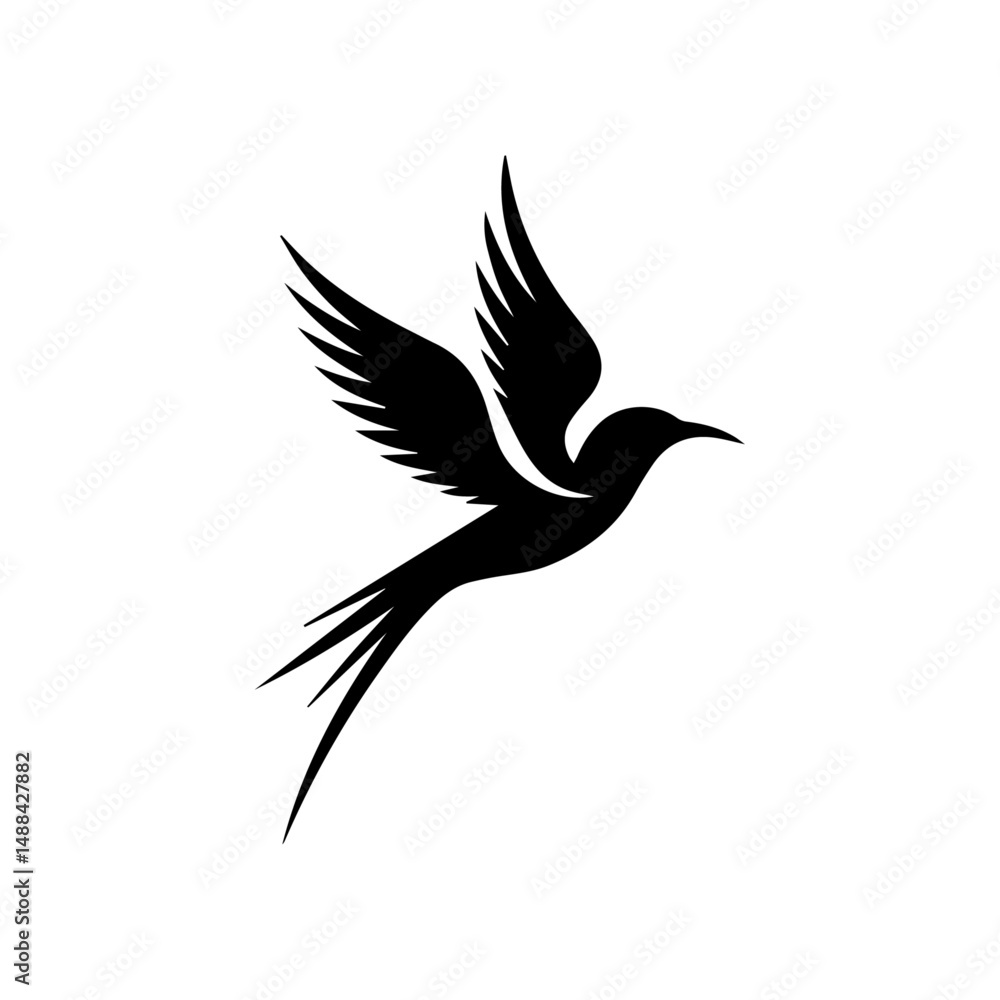 Obraz premium minimalist black silhouette of a bird in flight, with its wings spread wide and its body elongated.