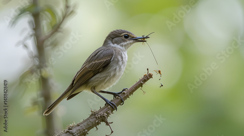 Eastern wood pewee (Contopus virens) on its perch and looking for insects to catch and eat.