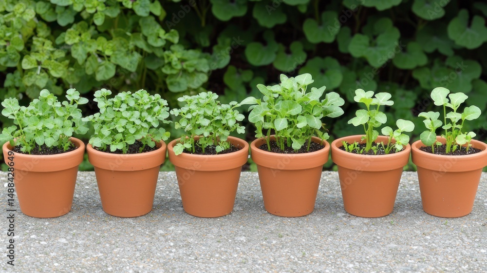 Row of terracotta pots holding various young plants. Row of terracotta pots holding various young plants.