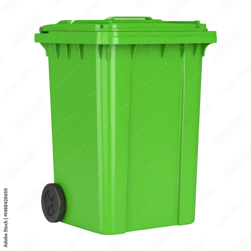 A green wheeled waste bin with a closed lid, designed for collecting and transporting garbage or recyclables A green wheeled waste bin with a closed lid, designed for collecting and transporting garbage or recyclables