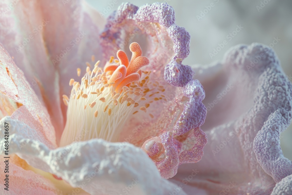 Naklejka premium A macro shot reveals the intricate details of a flower's pistil and delicate petals, creating a soft, ethereal aesthetic.