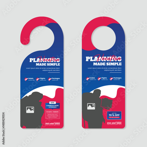 Door Hanger Design Template for Holidays, Tourism, Travel, and Adventure Packages. Perfect for Vacation Deals, Travel Agencies, and Tour Operators to Advertise Special Offers and Discounts