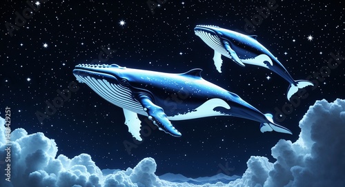Sky whales glowing white against deep black starry void wallpaper design concept