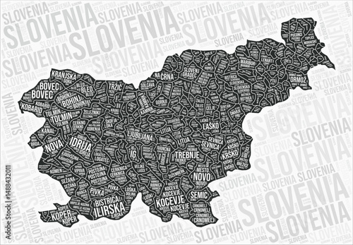 Slovenia regions map word cloud. Slovenia region names. Black and white map design. Beautiful vector illustration.