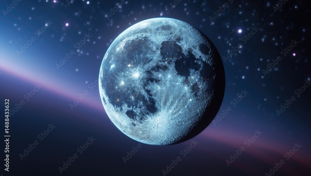 Fototapeta premium The starfield connects the moon and Earth.