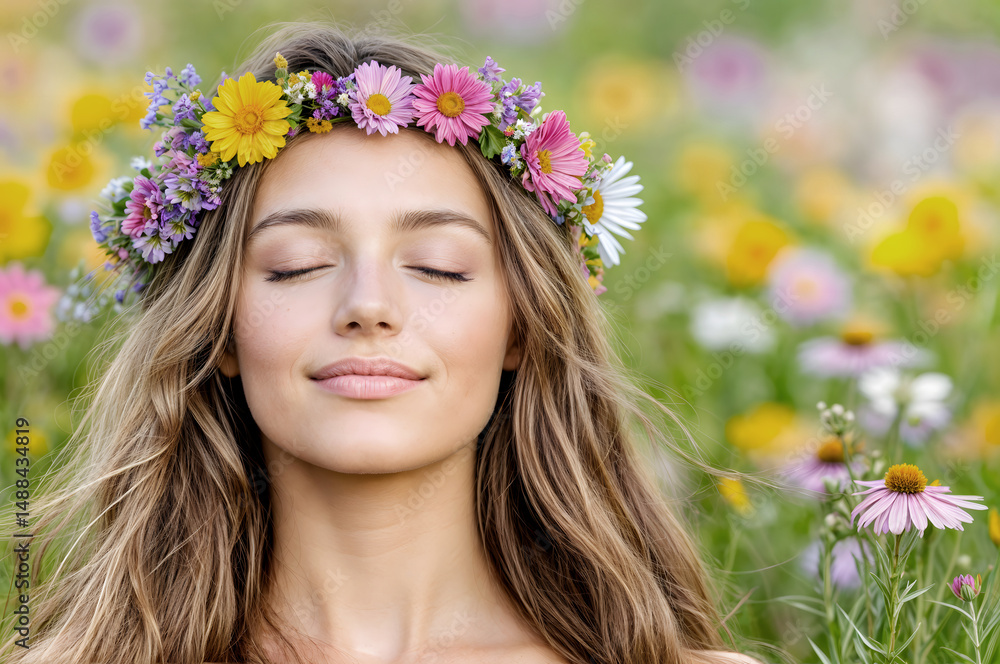 Peaceful young woman with closed eyes and floral crown in summer field,concept of midsummer beauty,summer solstice moment,floral calmness,connection to nature,midsummer spirit,summer solstice festival Peaceful young woman with closed eyes and floral crown in summer field,concept of midsummer beauty,summer solstice moment,floral calmness,connection to nature,midsummer spirit,summer solstice festival