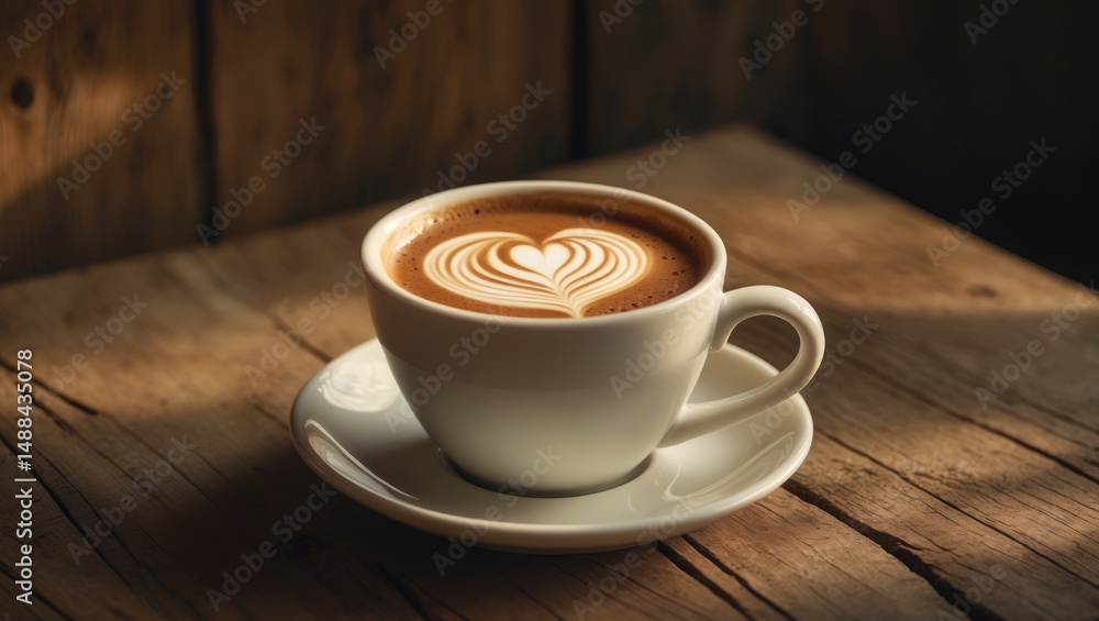 Freshness in a coffee cup: foam art heart on a wooden surface reflecting love and art Freshness in a coffee cup: foam art heart on a wooden surface reflecting love and art
