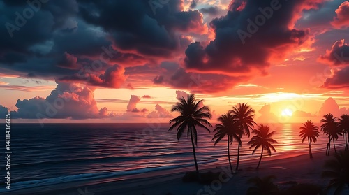 Palm trees on a beach at sunset with dramatic clouds