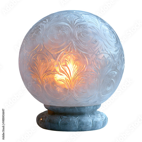 Hand-carved crystal orb, etched with ancient symbols of wisdom, glowing faintly in the light, isolated on white background.