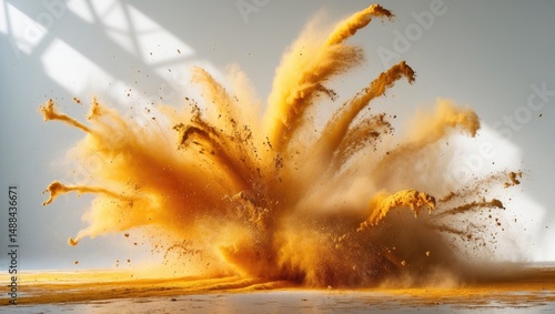 Orange dust is scattered across a white backdrop due to the explosion of yellow powder in an abstract, suspended motion