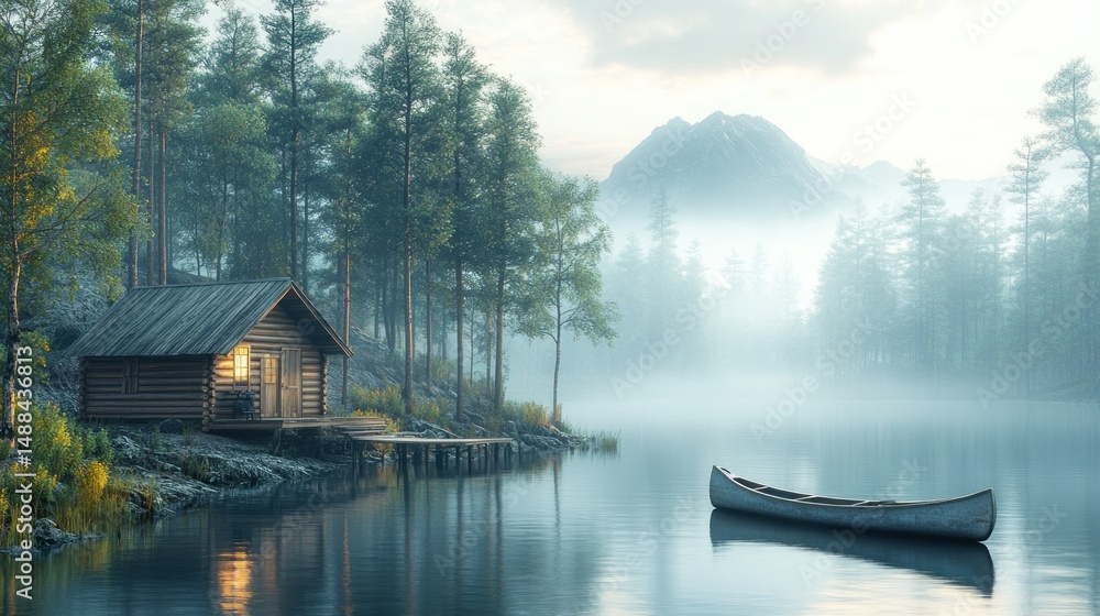 Fototapeta premium Wooden cabin by misty lake, serene mountain backdrop