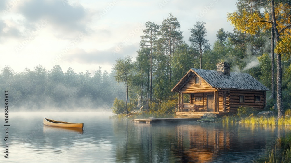 Fototapeta premium Wooden cabin by a misty lake