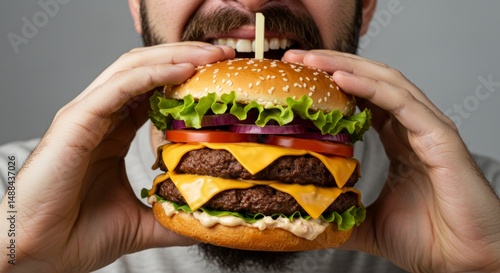 A man is about to devour a large double cheeseburger with enthusiasm