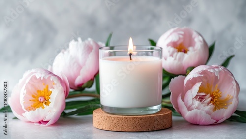 Fototapeta Naklejka Na Ścianę i Meble -  Relaxing home fragrance with white scented candle and peony flowers for tranquility and harmony.