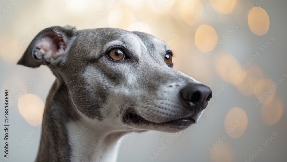 Close-up image of a greyhound's face. Grey dog gazing to the side. Blurred background. Close-up image of a greyhound's face. Grey dog gazing to the side. Blurred background.