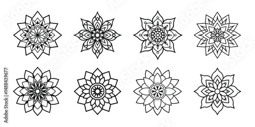 set of black and white Mandala hand drawn vector Mehndi mandala, Mandala flower design , design of different professions on white background