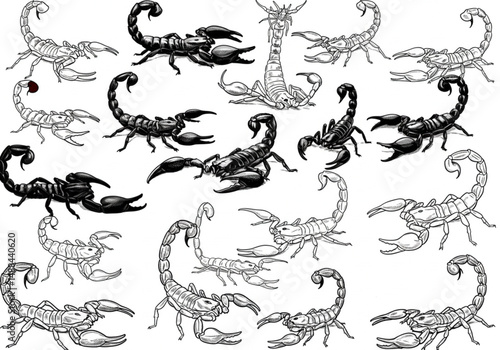A Diverse Assemblage of Scorpion Species Depicted in a Stark Black and White Artistic Composition for Zoological Study